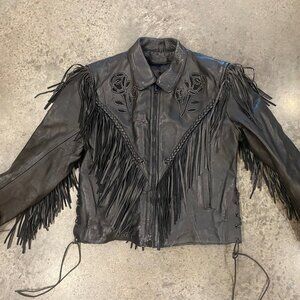 Black Leather Vintage Biker Jacket with Fringe and Rose Detail